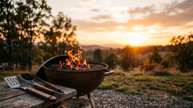 Barbecue grill with flames and utensils at sunset in a scenic outdoor setting