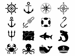 Nautical and marine icons set including anchor compass ship wheel and sea creatures perfect for maritime themes and travel designs © Saqib1022