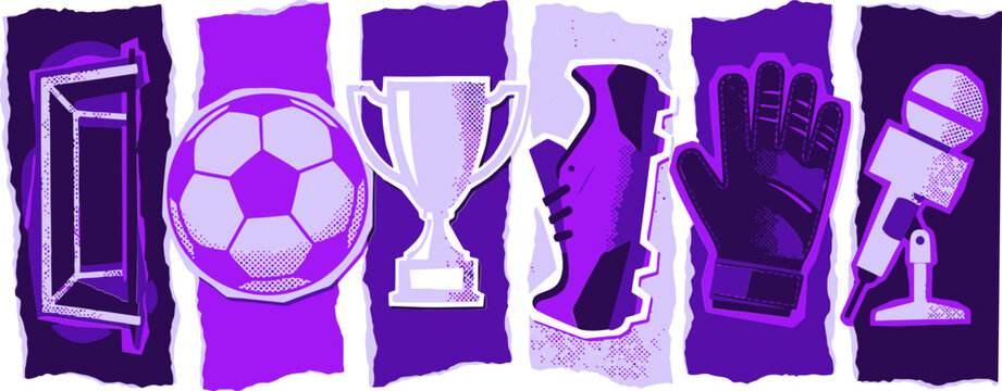 Purple soccer icon set with football ball and trophy cup. Sport equipment vector illustrations including goal, cleat boot, goalkeeper glove and microphone.
