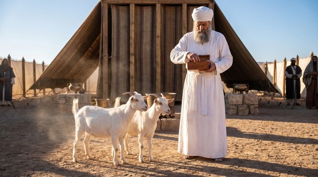 Jewish High Priest drawing lots over two white goats on Yom Kippur