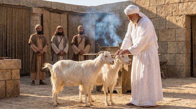 High Priest placing hands on the scapegoat in the ancient Tabernacle courtyard