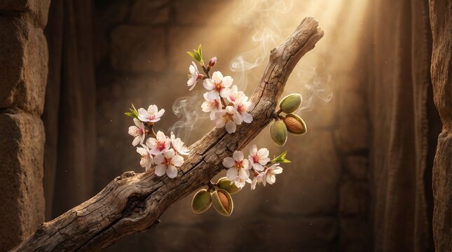 The biblical miracle of Aaron's wooden staff blooming with almond blossoms