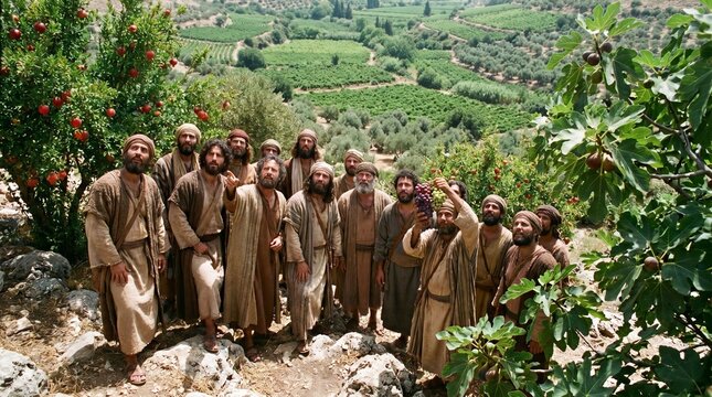 Twelve ancient Israelite men looking at the lush Valley of Eshcol in Canaan