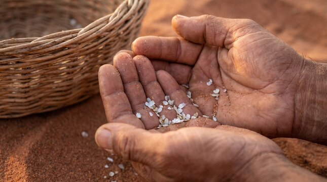 Close-up of ancient hands scooping white flakes of Manna from desert sand