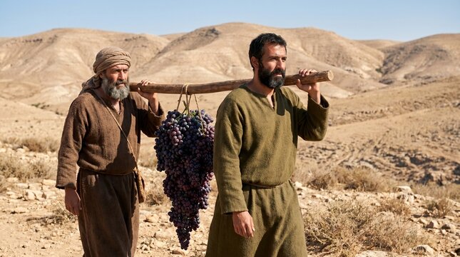 Twelve biblical spies carrying a giant heavy cluster of grapes on a pole