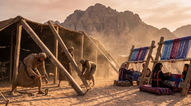 Ancient Israelites constructing the holy Tabernacle in the Sinai desert