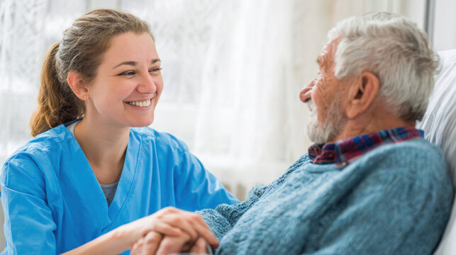 Smiling young female nurse or caregiver holding hands with an elderly male patient in a hospital bed showing empathy compassion care support and professional medical treatment service