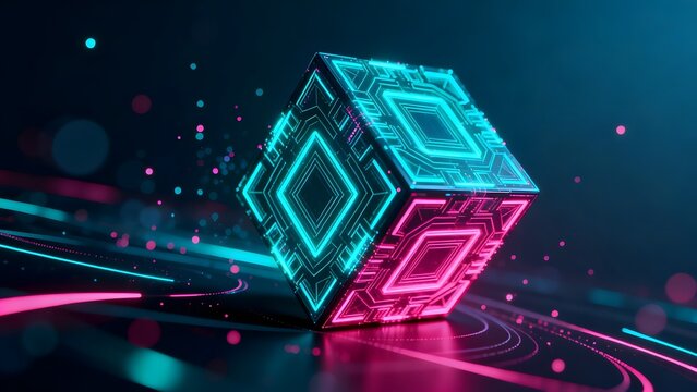 Futuristic glowing cube with circuit design