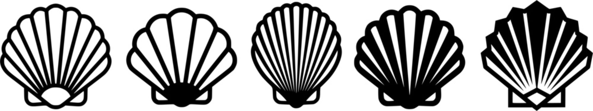 Scallop Shell Icons Collection Featuring Black and White Seashell Silhouettes for Ocean, Beach, Marine, and Coastal Designs