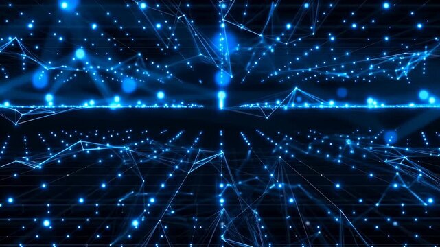 Futuristic digital network grid with dynamic blue light patterns and energy waves