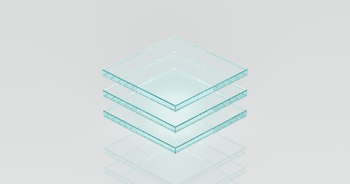 Capas de Cristal Isom&eacute;tricas Transparentes en 3D con Reflejo sobre Fondo Gris Minimalista