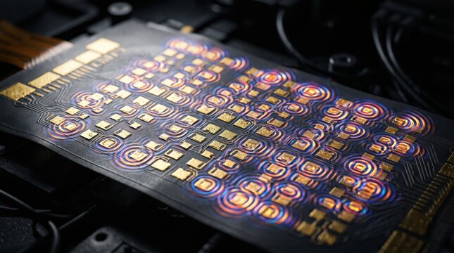 Electronic module demonstrates advanced signal processing through a dense grid of interconnected golden metallic contacts.