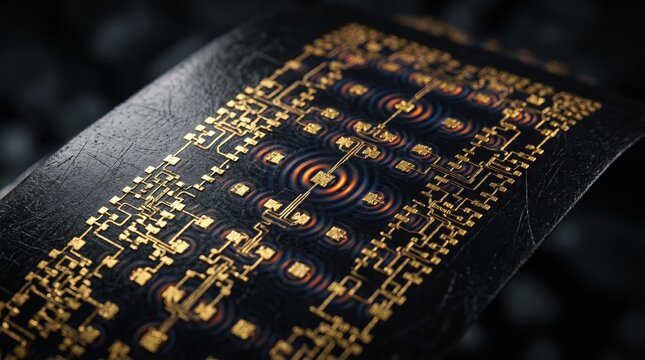 Microchip circuitry displays intricate gold patterns and glowing ripple effects on a dark textured surface.