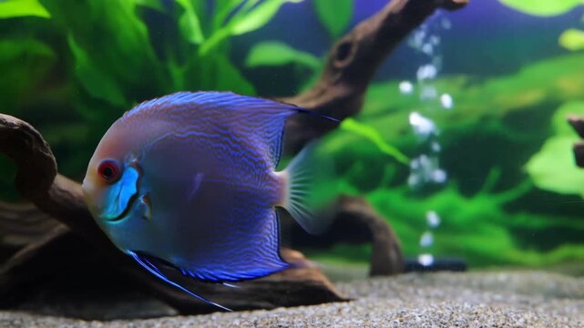 Bright blue discus fish swimming in planted freshwater aquarium