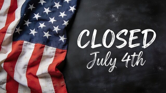 A weathered american flag positioned next to a rustic black chalkboard featuring white hand written text announcing the business is closed for the fourth of july