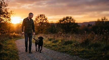 Fototapeta premium Man walking black labrador dog on leash on gravel path at sunset with warm golden light