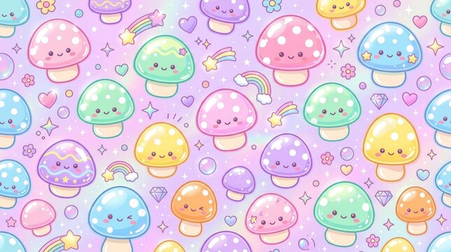 Delightful pattern: pastel mushrooms, rainbows, hearts, & sparkling stars