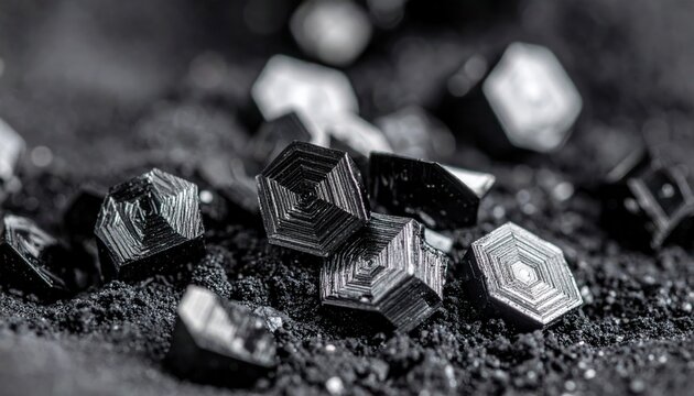 Detailed macro view of hexagonal graphite crystals with intricate metallic layered structure showcasing elemental composition
