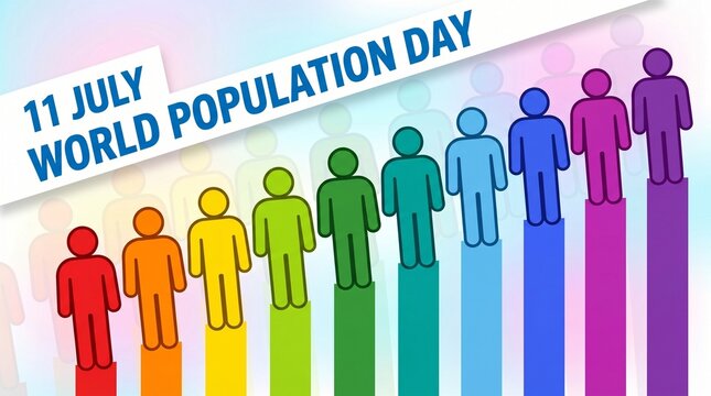 World Population Day banner, 11 July global awareness concept, colorful people icons on rising bar chart