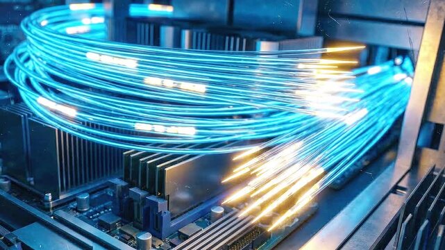 Glowing fiber optic cables transmitting high speed data signals across a computer motherboard circuit board