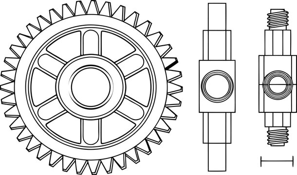Technical cad of a spur gear and worm shaft assembly