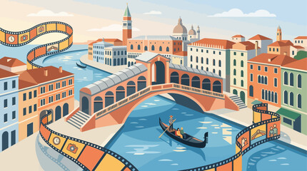 An imaginative flat design illustration of a film strip winding through iconic Venetian landmarks, symbolizing the city's narrative connection to cinema.  © Devide