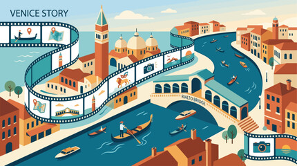 An imaginative flat design illustration of a film strip winding through iconic Venetian landmarks, symbolizing the city's narrative connection to cinema.  © Devide