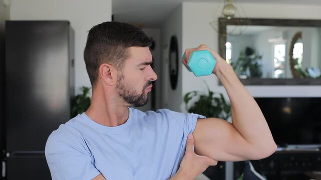 Skinny Man Flexing Biceps With Small Plastic Weight
