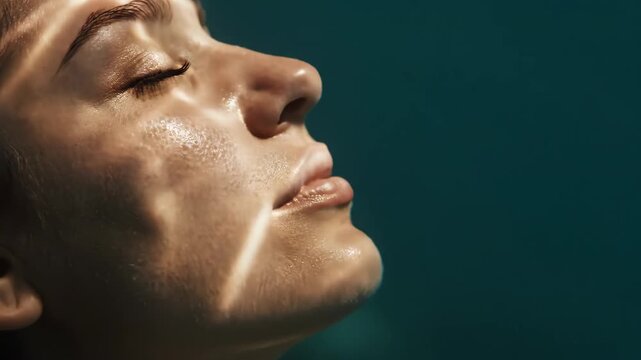 Woman with closed eyes under rippling water reflection. Facial profile illuminated by light caustic effect in dark pool. Beauty skincare and wellness concept