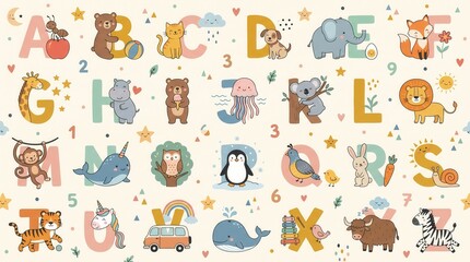 Fototapeta premium Bright alphabet chart shows a full range of cute animals, letters, and numbers for learning