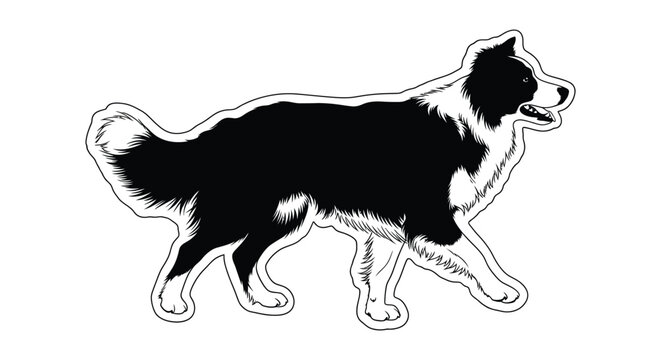 Border collie dog with detailed fur texture black and white silhouette canine