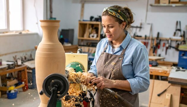 Skilled Woodturner Shaping a Tall Wooden Vase on a Lathe with Wood Chips Flying