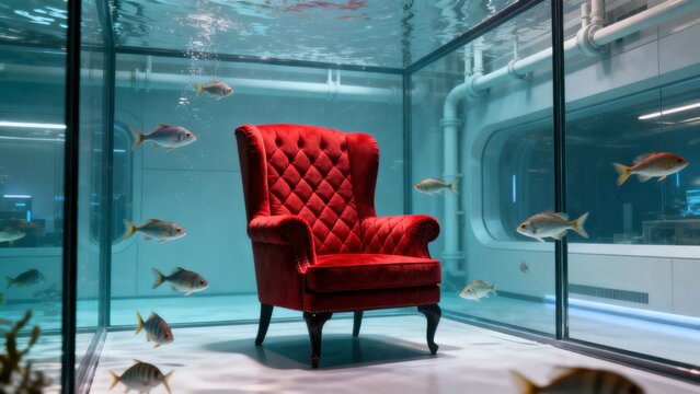 Red armchair in underwater tank