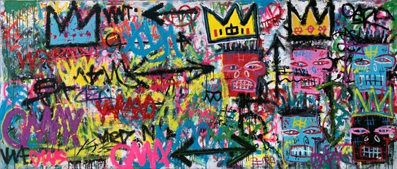 Fototapeta premium Chaotic abstract face in funk punk graffiti style with vibrant spray paint, bold colors, expressive shapes, and energetic urban street art on an abstract background.
