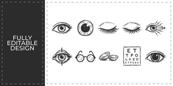 Optometry clinic and professional eye care hand drawn doodle icons set featuring eye exam chart and glasses for healthcare service and optics retail design