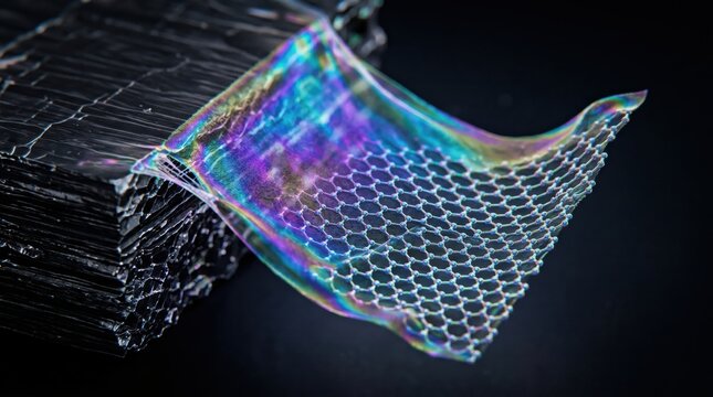 Graphene sheet with a hexagonal lattice structure rests upon a block of raw graphite material.