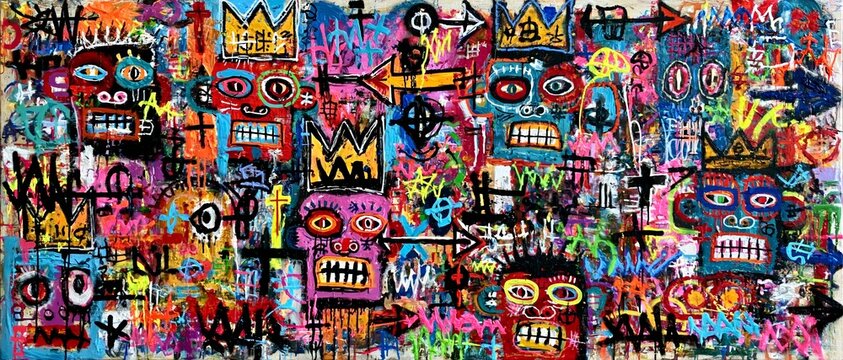 Chaotic abstract face in funk punk graffiti style with vibrant spray paint, bold colors, expressive shapes, and energetic urban street art on an abstract background.