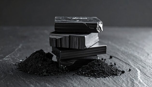 Stacked graphite blocks with metallic sheen and fine powder, artist's material for drawing and sketching