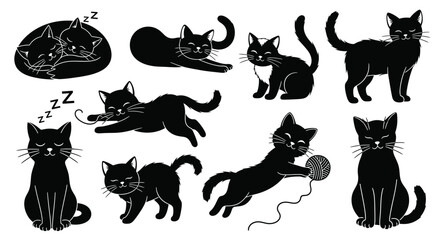 Collection Of Black Cat Silhouettes In Various Poses A Graphic Silhouette feline © Ms sumu