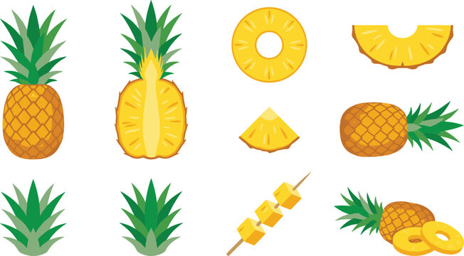 Fresh organic pineapple fruit vector icon set featuring whole half slice chunk ring skewer and green leaf crown elements