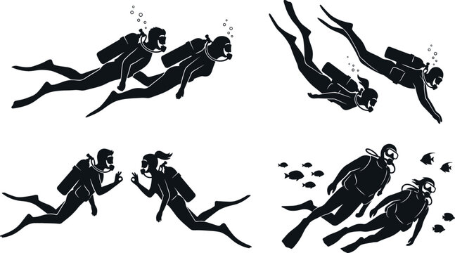 Scuba diver silhouette vector collection featuring underwater divers swimming with oxygen tanks fins gear and tropical sea fish