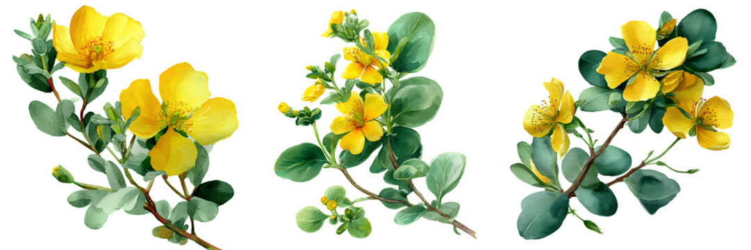 Set of Hypericum oblongifolium botanical specimen with detailed green leaves and small yellow flowers on transparent png background. Ai generated