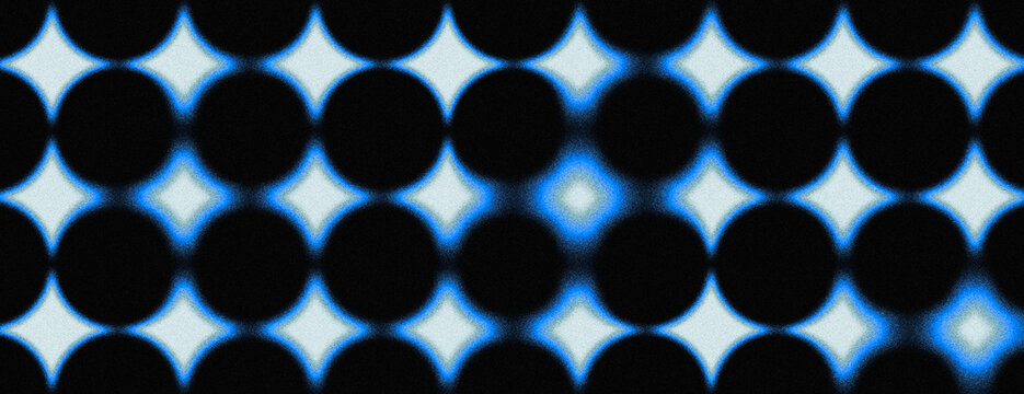 Abstract polka dot background with blurred fade effect and grainy noise texture. Abstract poster or wallpaper with black circles and blue neon. Retro futuristic geometric backdrop