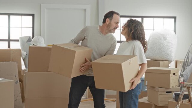 Woman carrying cardboard box with both hands in building interior filled with stacked moving boxes, toolbox, ladder and bubblewrap; moving teamwork joy.