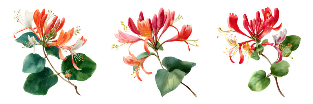 Set of Single honeysuckle blossom with curling petals and visible stamen, sharp focus macro lens on transparent png background. Ai generated