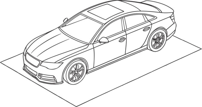 Isometric line of a sedan on a red grid plane automobile
