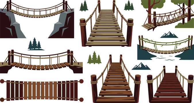 Wooden suspension bridge vector set featuring rope footbridges over canyons rivers and forest trees for adventure game design