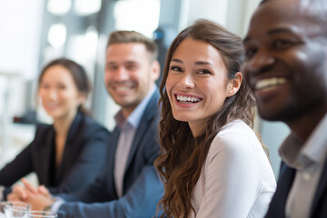 Obraz premium Businesswoman executive partner, smiling confident female leader, corporate office briefing, diverse professionals, teamwork, strategy success portrait