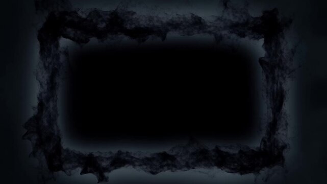 Slow pan of smoky rectangular frame drifting around dark central void on vignette backdrop in low light atmospheric scene