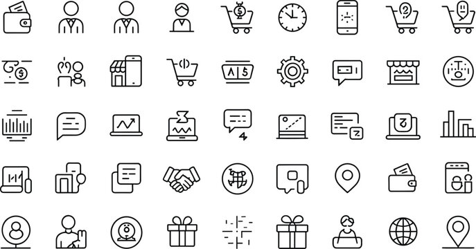 Business Commerce and E-commerce Marketing Icon Set with Shopping Cart Analytics Wallet Finance and Office Management Symbols Outline Line Art Vector Elements